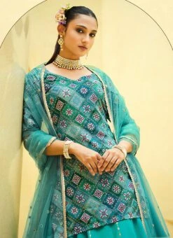Turquoise Blue Chinon Silk Sequins Long Choli Lehenga Wedding Wear -ZariGrace Shop turquoise blue chinon silk sequins long choli lehenga ghsom2232 b