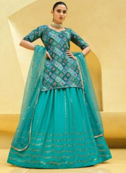 Turquoise Blue Chinon Silk Sequins Long Choli Lehenga Wedding Wear -ZariGrace Shop turquoise blue chinon silk sequins long choli lehenga ghsom2232 u