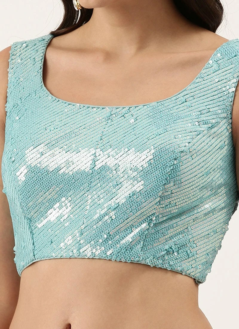 Turquoise Blue Raw Silk Sequins Work Blouse Party Wear 3 Turquoise Blue Raw Silk Sequins Work Blouse Party Wear