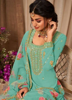Turquoise Faux Georgette Embroidered Digital Print A Line Lehenga Party Wear -ZariGrace Shop turquoise faux georgette embroidered digital print a line lehenga ghsli2142935 b