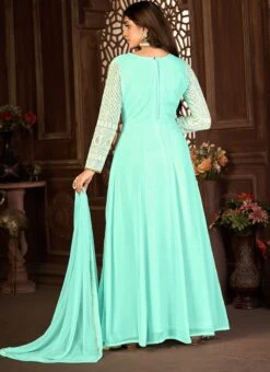 Turquoise Georgette Embroidery Anarkali Suit Party Wear -ZariGrace Shop turquoise georgette embroidery anarkali suit slsdi139t b