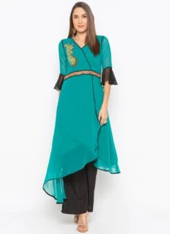 Turquoise Green Georgette Embroidered Kurta Palazzo Set After Six Wear -ZariGrace Shop turquoise green georgette embroidered kurta palazzo set krsmnc1969ks u