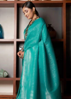 Turquoise Kanjivaram Silk Heavy Weaving Saree Festive Wear -ZariGrace Shop turquoise kanjivaram silk heavy weaving saree sasact7051 b