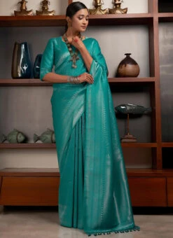 Turquoise Kanjivaram Silk Heavy Weaving Saree Festive Wear -ZariGrace Shop turquoise kanjivaram silk heavy weaving saree sasact7051 u