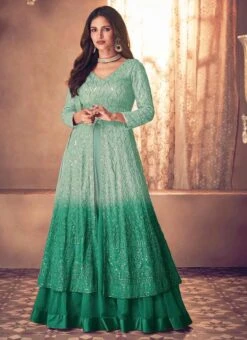 Turquoise N Green Georgette Sequins Embroidery Anarkali Lehenga Party Wear -ZariGrace Shop turquoise n green georgette sequins embroidery anarkali lehenga ghska4494123k u