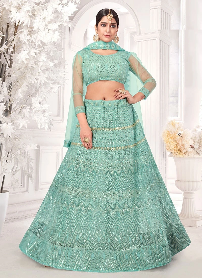 Turquoise Net Sequins Embroidery A Line Lehenga Party Wear 5 Turquoise Net Sequins Embroidery A Line Lehenga Party Wear - Image 3