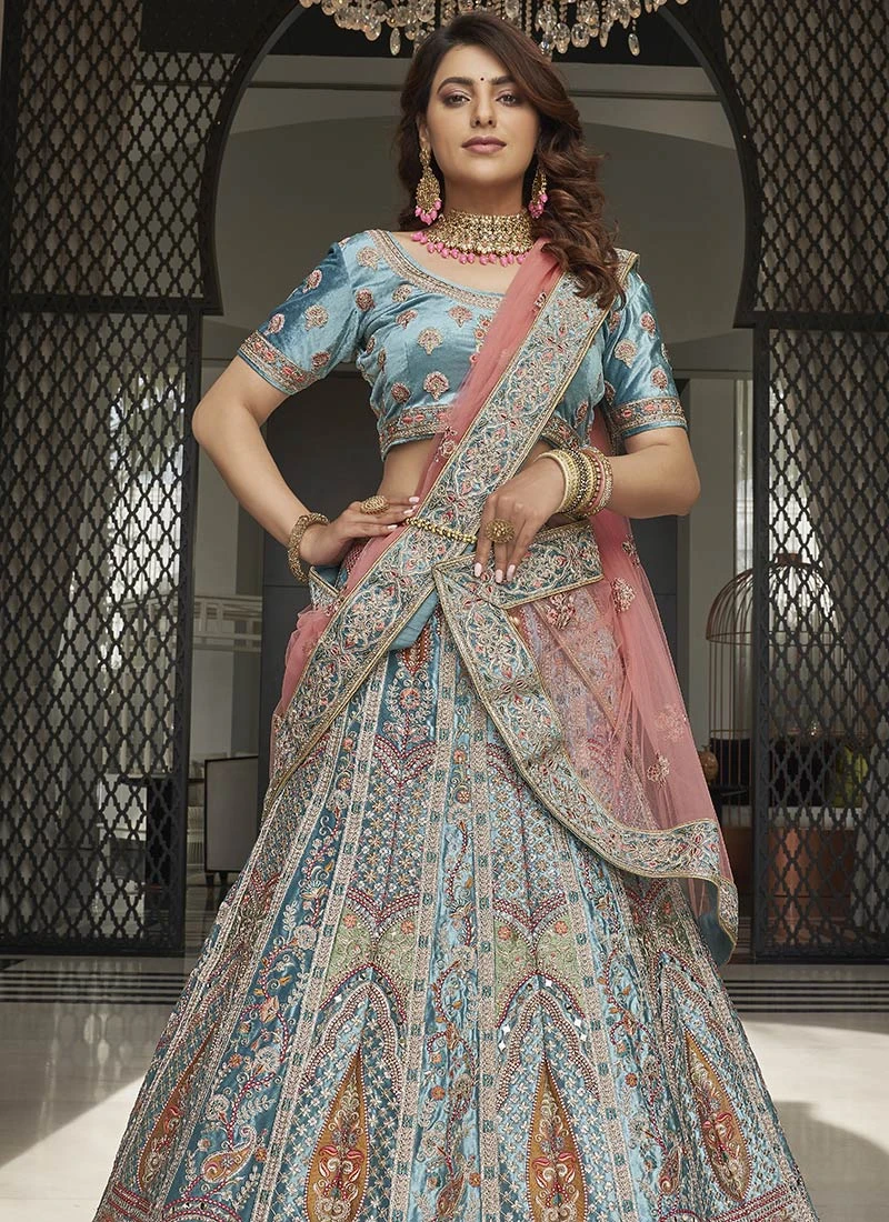 Turquoise Velvet Embroidered Lehenga Choli Wedding Wear 6 Turquoise Velvet Embroidered Lehenga Choli Wedding Wear - Image 4
