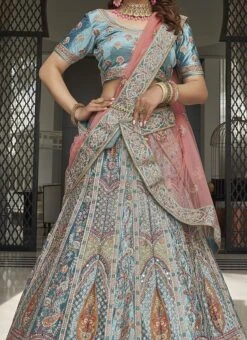 Turquoise Velvet Embroidered Lehenga Choli Wedding Wear