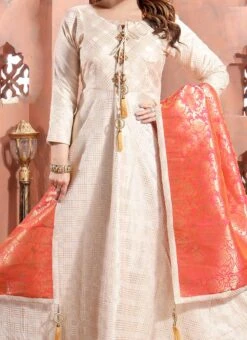 Beige Art Silk Embroidered Gown Party Wear