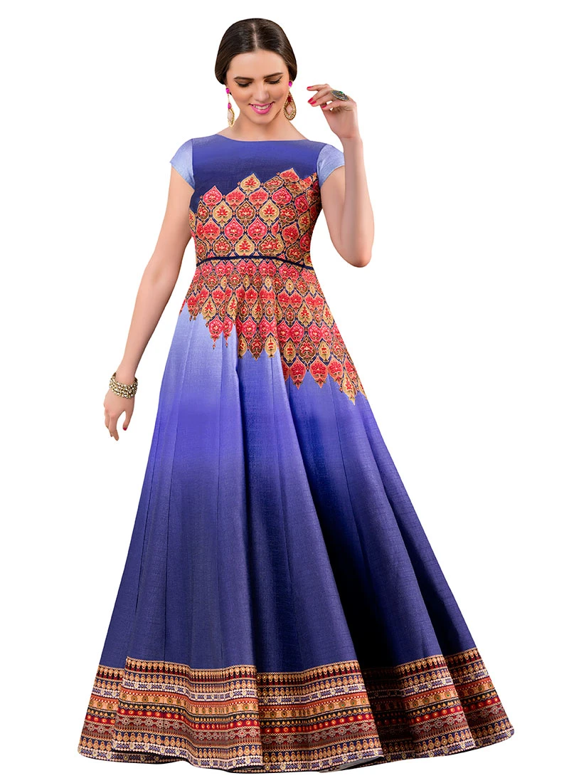 Blue Silk Anarkali Gown Wedding Wear 5 Blue Silk Anarkali Gown Wedding Wear - Image 3