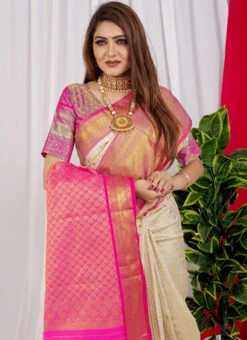 Weaving Work White Color Soft Litchi Silk Saree Festive Wear -ZariGrace Shop weaving work white color soft litchi silk saree sasom1114 b