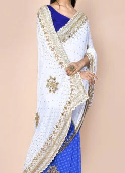 White And Blue Faux Georgette Hand Work Sari Party Wear