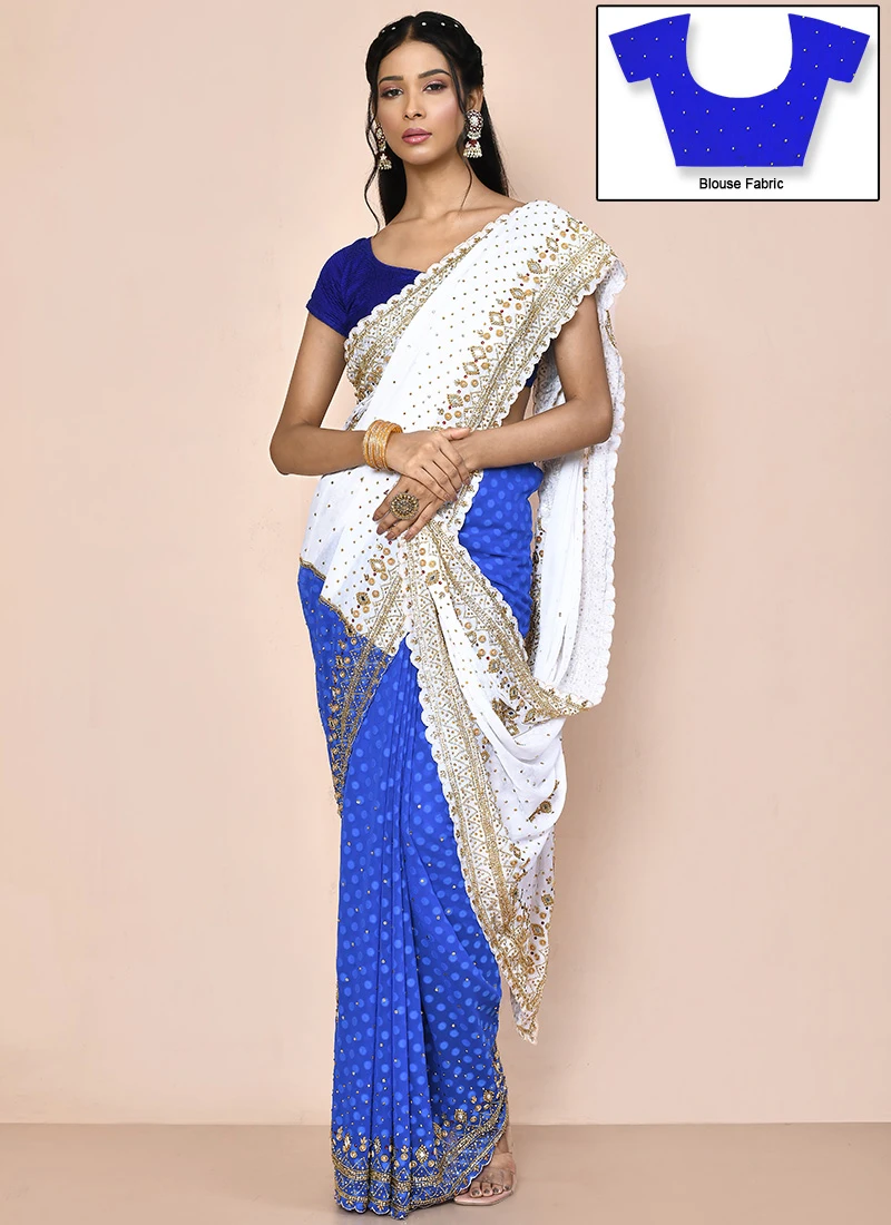 White And Blue Faux Georgette Hand Work Sari Party Wear 5 White And Blue Faux Georgette Hand Work Sari Party Wear - Image 3