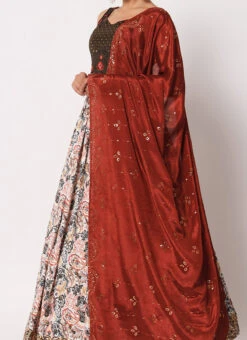 White Banarasi Silk Printed Umbrella Lehenga Party Wear