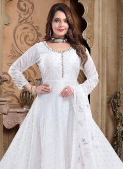 Off White Chanderi Silk Booti Zari Work Anarkali Suit Party Wear -ZariGrace Shop white chanderi silk booti zari work anarkali suit slmnfg544 b