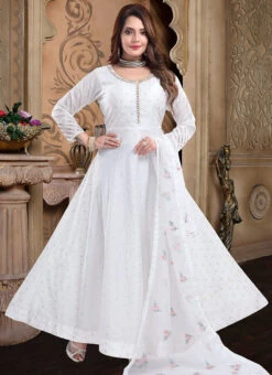 Off White Chanderi Silk Booti Zari Work Anarkali Suit Party Wear -ZariGrace Shop white chanderi silk booti zari work anarkali suit slmnfg544 u