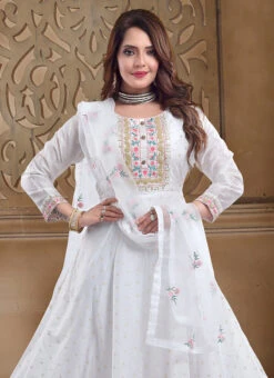 White Chanderi Silk Booti Zari Work Anarkali Suit Party Wear -ZariGrace Shop white chanderi silk booti zari work anarkali suit slmnfg545 b
