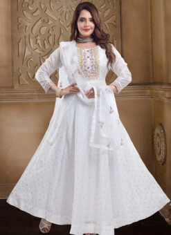 White Chanderi Silk Booti Zari Work Anarkali Suit Party Wear -ZariGrace Shop white chanderi silk booti zari work anarkali suit slmnfg545 u