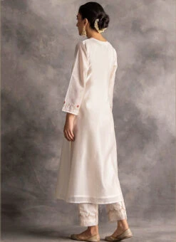 White Chanderi Silk Embroidered Straight Pant Suit Party Wear -ZariGrace Shop white chanderi silk embroidered straight pant suit krdvc21 b