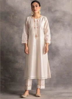 White Chanderi Silk Embroidered Straight Pant Suit Party Wear -ZariGrace Shop white chanderi silk embroidered straight pant suit krdvc21 u
