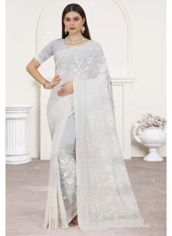 White Color Resham Embroidery With Siroski Work Georgette Saree Party Wear -ZariGrace Shop white color resham embroidery with siroski work georgette saree sasung1791 u