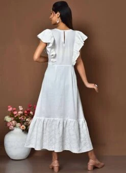 White Cotton Digital Print A Line Dress Work Wear -ZariGrace Shop white cotton digital print a line dress drsoas1573 b