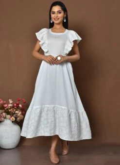 White Cotton Digital Print A Line Dress Work Wear -ZariGrace Shop white cotton digital print a line dress drsoas1573 u