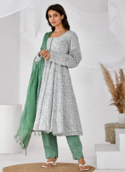 White Cotton Hand Block Printed Anarkali Suit After Six Wear -ZariGrace Shop white cotton hand block printed anarkali suit sljrfrp4013 u