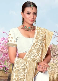 White Faux Georgette Embroidered Saree After Six Wear -ZariGrace Shop white faux georgette embroidered saree sasnfs7242 b
