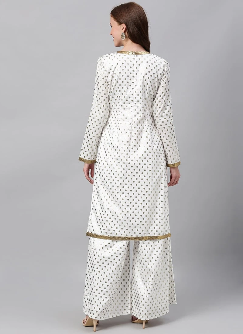 White Foil Print Knee Length Kurta Set Festive Wear 6 White Foil Print Knee Length Kurta Set Festive Wear - Image 4