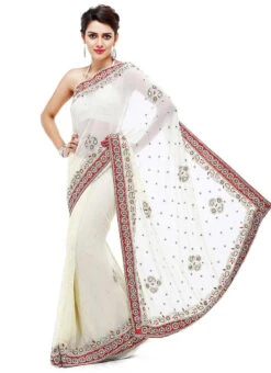 White Georgette Crystals Embellished Saree Party Wear -ZariGrace Shop white georgette crystals embellished saree sadsfcns2588 u