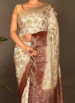 White Kanjeevaram Silk Zari Work Saree Festive Wear