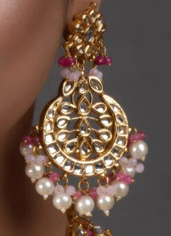 White N Pink Necklace Set With Earrings N Mangtikka Party Wear