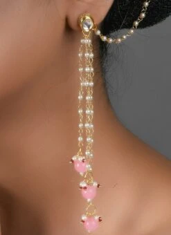 White N Pink Stud Earring With Hanging Party Wear