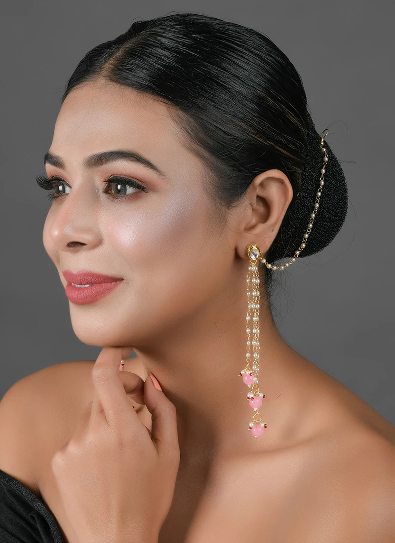 White N Pink Stud Earring With Hanging Party Wear 4 White N Pink Stud Earring With Hanging Party Wear - Image 2