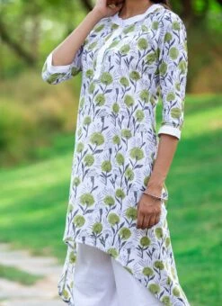 White Pure Cotton Hand Block Printed Kurta Semi Palazzo Set After Six Wear
