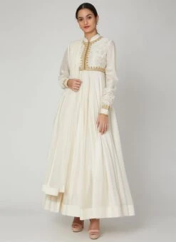 White Silk Embroidered Anarkali Suit Party Wear -ZariGrace Shop white silk embroidered anarkali suit sldvc143 u
