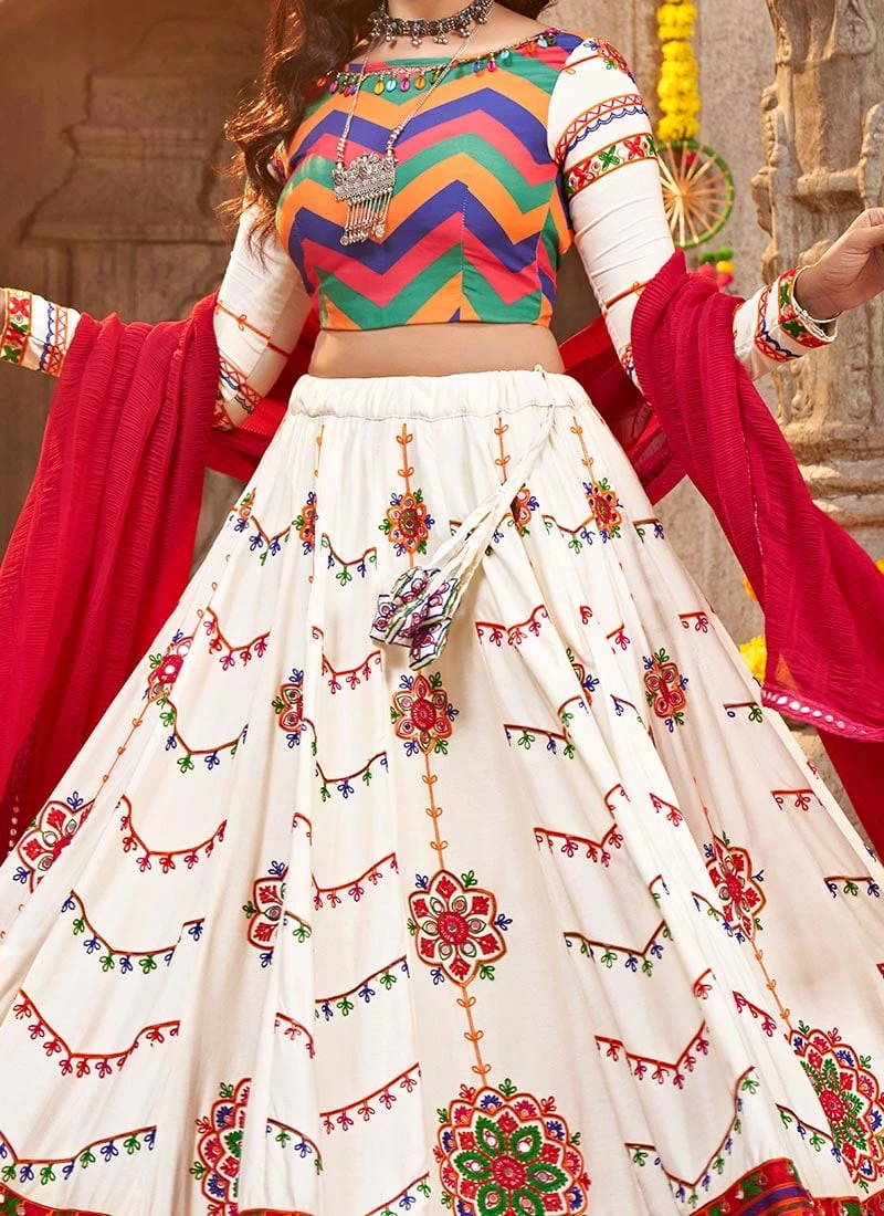 White Viscose Rayon Kutch And Mirror Work Chaniya Choli Festive Wear 3 White Viscose Rayon Kutch And Mirror Work Chaniya Choli Festive Wear