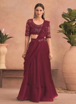 Wine Chinon Silk Embroidered Ready Pleated Saree Party Wear -ZariGrace Shop wine chinon silk embroidered ready pleated saree saska36307302b u