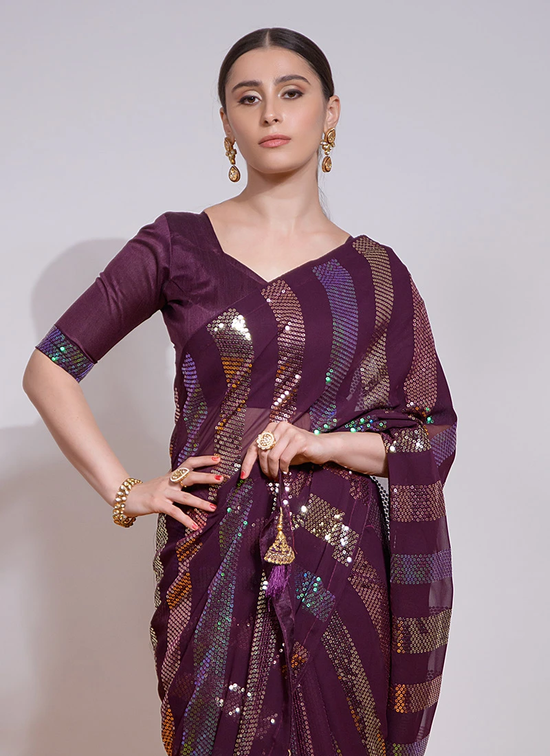 Wine Color Sequins Work Georgette Saree Party Wear 6 Wine Color Sequins Work Georgette Saree Party Wear - Image 4