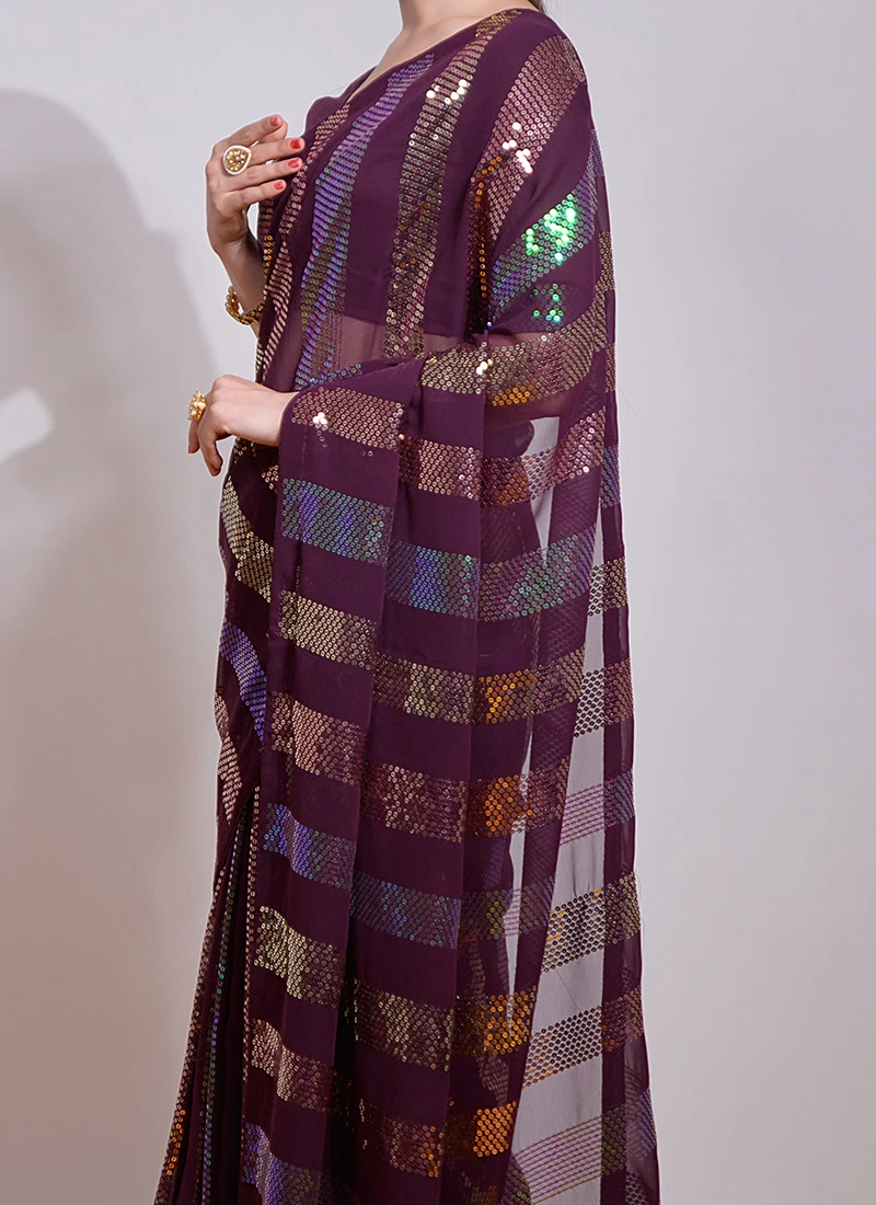 Wine Color Sequins Work Georgette Saree Party Wear 3 Wine Color Sequins Work Georgette Saree Party Wear
