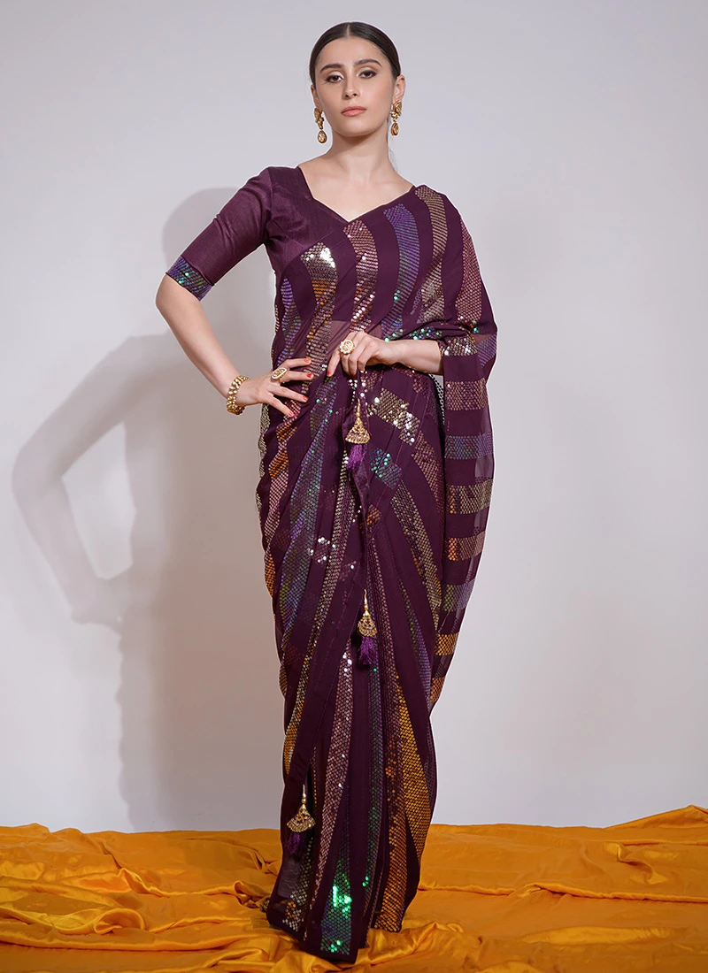 Wine Color Sequins Work Georgette Saree Party Wear 5 Wine Color Sequins Work Georgette Saree Party Wear - Image 3