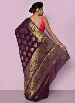 Wine Color Zari Shiffon Silk Saree Festive Wear -ZariGrace Shop wine color zari shiffon silk saree sadsf4891 b