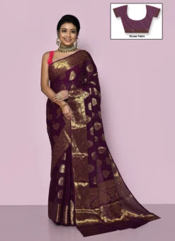 Wine Color Zari Shiffon Silk Saree Festive Wear -ZariGrace Shop wine color zari shiffon silk saree sadsf4891 u