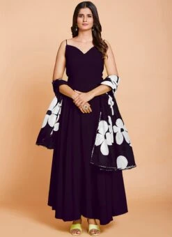 Wine Faux Georgette Digital Print Duppata Gown After Six Wear -ZariGrace Shop wine faux georgette digital print duppata gown bgwrsak4724w243 u