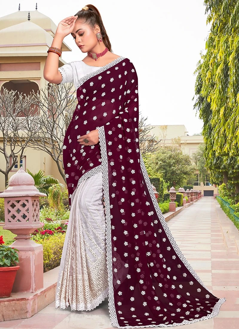 Wine Faux Georgette Embroidered Half And Half Saree Party Wear 5 Wine Faux Georgette Embroidered Half And Half Saree Party Wear - Image 3