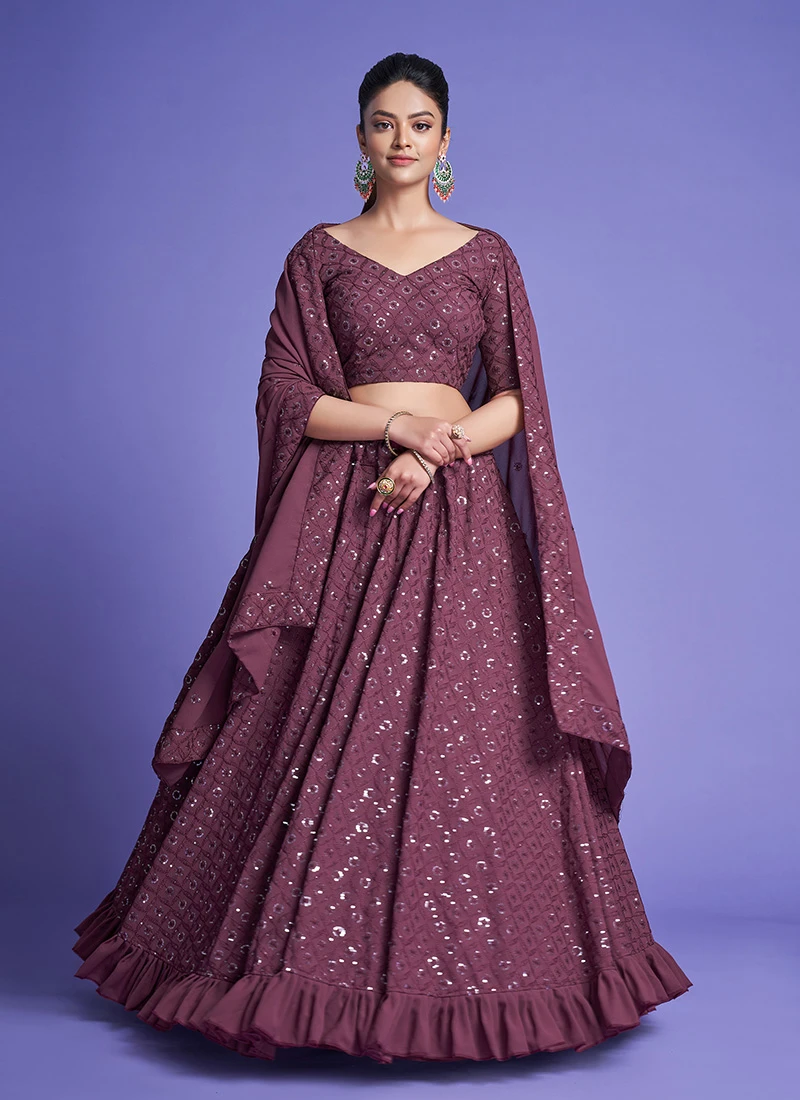 Mauve Georgette Sequins Embroidery Umbrella Lehenga Choli Party Wear 5 Mauve Georgette Sequins Embroidery Umbrella Lehenga Choli Party Wear - Image 3