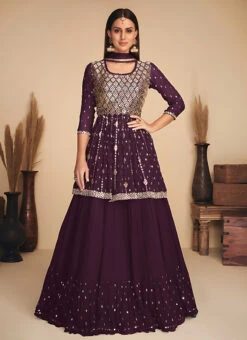 Wine Georgette Sequins Long Choli Umbrella Lehenga Party Wear -ZariGrace Shop wine georgette sequins long choli umbrella lehenga ghska33905002 u