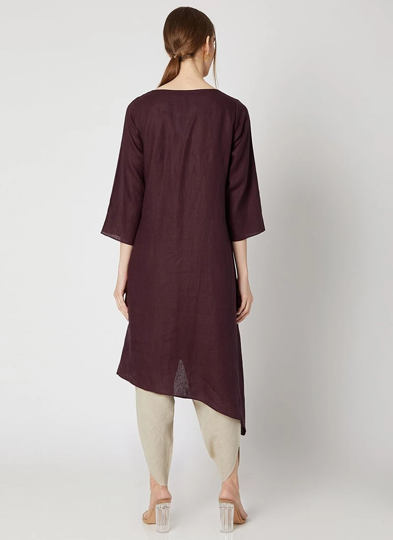 Wine Rayon Slub Kurta Set Work Wear 6 Wine Rayon Slub Kurta Set Work Wear - Image 4