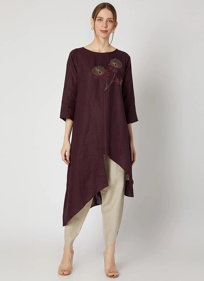 Wine Rayon Slub Kurta Set Work Wear 5 Wine Rayon Slub Kurta Set Work Wear - Image 3